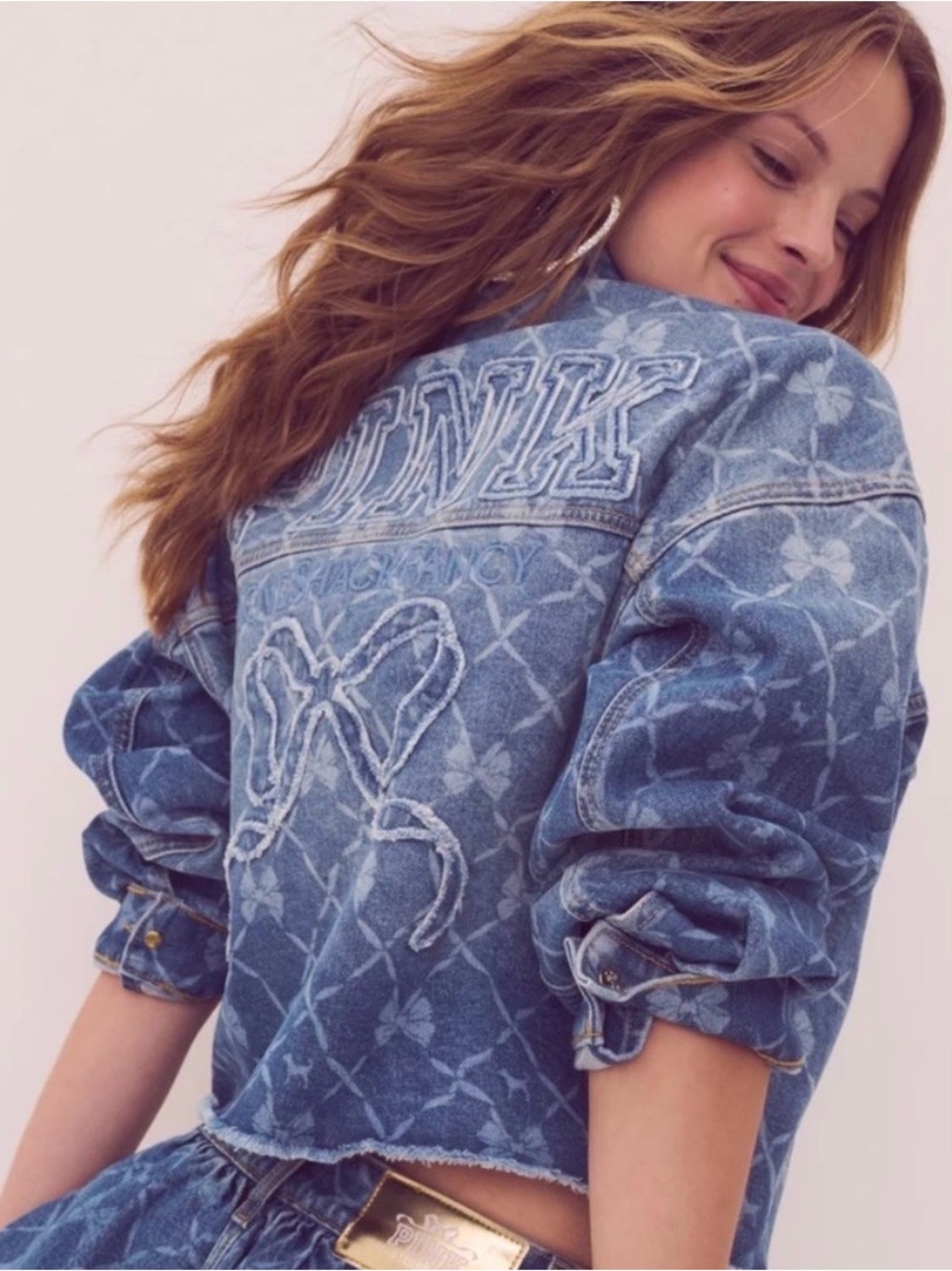 PINK Victoria's Secret Love Shack Fancy Denim Logo Cropped Jacket - extra large